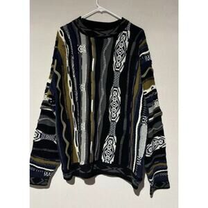 VTG Baucci Blue Yellow Grey Knitted Pullover Coogi 3D Style Sweater 90s XL